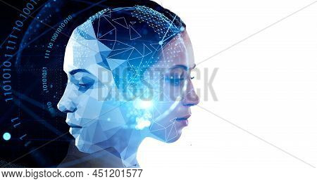 Attractive Businesswoman With Robot Face On White Background. Digital Interface With Binary Code And