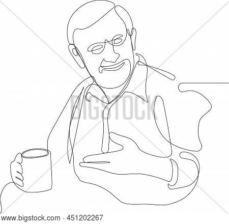 Continuous One Line Drawing Of A Relaxed Senior Gentleman Old Man Drinking Tea. Minimal Outline Conc