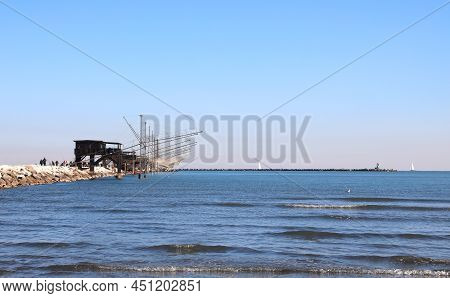 Many Fishing Sheds On The Sea In Italy Near Sottomarina Town In Venice Province