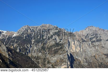 Mountains Called Monte Pasubio In The Veneto Region In Northern Italian And The Alpin Hut Called Rif
