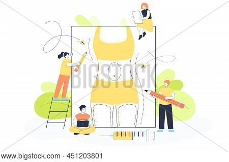 Cellulite Treatment And Fat Reduction By Tiny People. Persons Preparing Body Of Patient In Bikini Fo