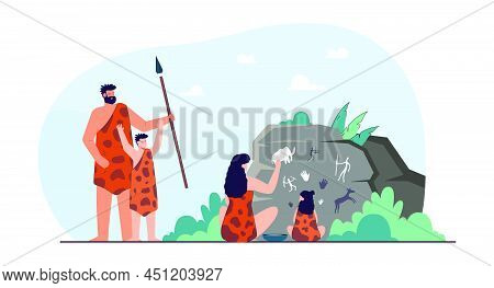 Family Of Cavemen Next To Rock With Prehistoric Drawings. Woman And Kid Drawing With Hands Flat Vect