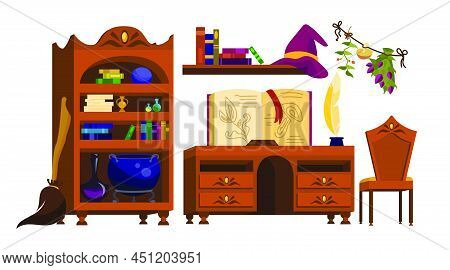 Furniture For Wizard School Interior Vector Illustrations Set. Library Objects, Bookcase With Potion