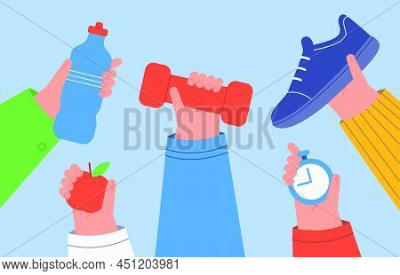 Hands Holding Healthy Food And Exercise Equipment. Objects For Marathon Training Or Workout Routine 