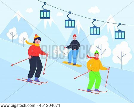 Landscape Of Ski Resort With Happy Family With Kid. Cartoon Characters Skiing In Mountains, Ski Lift