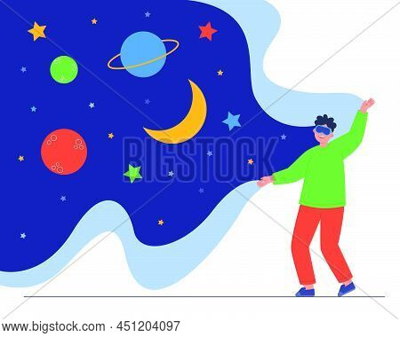 Man In Vr Glasses Looking At Galaxy Flat Vector Illustration. Happy Boy In Glasses Of Virtual Realit