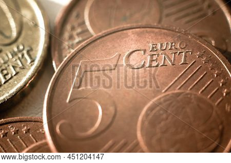 Bronze Coin Of 5 Euro Cents Close-up. European Money.