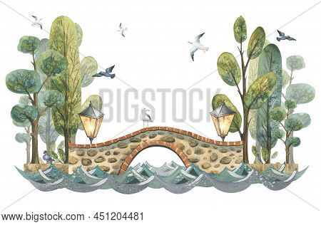 Watercolor Illustration Of A Composition Of Cute Old Town Houses. European Multicolored Houses, Brid