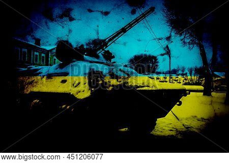 Tanks Lined Up In Front Of The Ukrainian Flag. Several Military Army War Battle Tank Vehicles On The