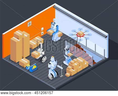 Robot Isometric Professions Composition Of Warehouse Interior And Robotic Stock Workers Carrying Pas