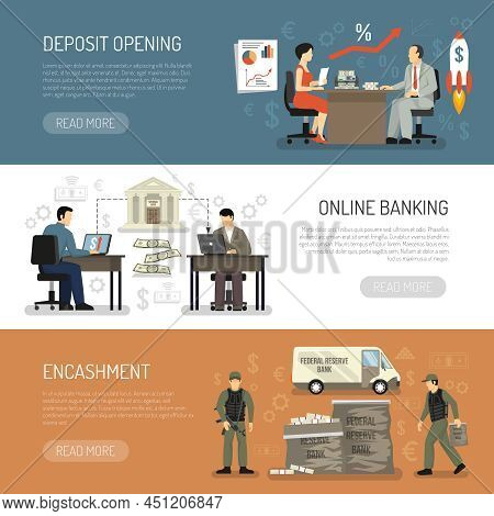 Horizontal Banners Set With Encashment Online Banking And Deposit Opening In Bank Office Flat Isolat