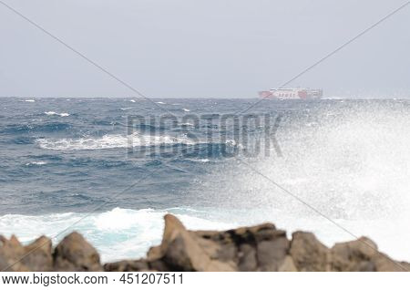 Atlantic Ocean, February 27, 2022: Passenger Ship Sailing. El Confital. La Isleta. Las Palmas De Gra