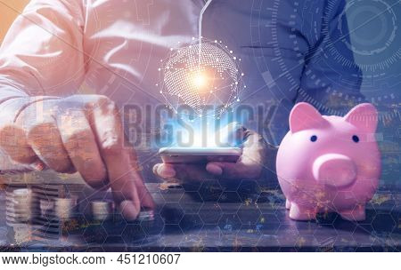Double Exposure, Online Banking Savings Concept, Online Investment Savings, Online Stock Investors, 