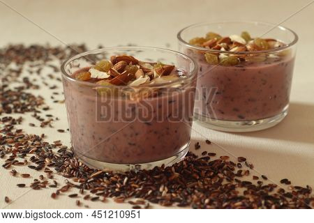 Black Rice Pudding. Made With Black Rice Simmered In Milk, Sweetened With Sugar And Flavored With Ca