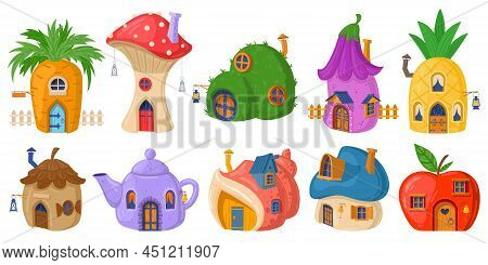 Fairy Mushroom House, Cartoon Fairytale Tiny Forest House. Fairytale Plants, Gnomes Or Hobbit Houses