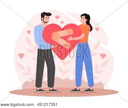 Forgiveness For Preservation Of Relationships. Couple Holds Broken Heart And Seals It With Plaster. 
