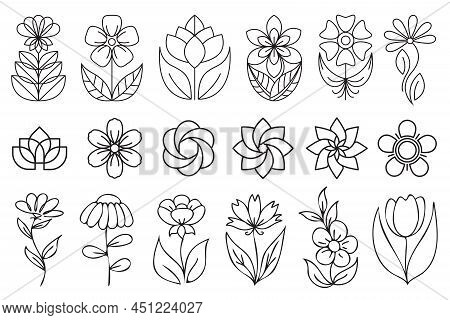 Outline Floral Icons. Set Of Outline Flower Icons With Black Thin Line Isolated On White Background.