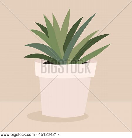 Chlorophytum House Plant In White Pot, Vector Icon On Beige Background.
