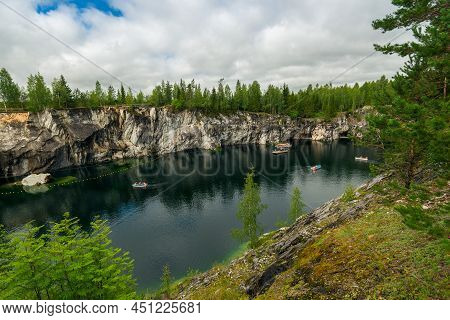 Boats On Marble Lake In Ruskeala Mountain Park In Karelia Russia