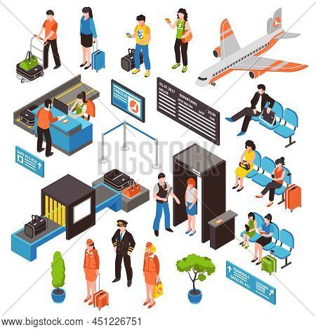 Airport Passengers Check-in Security Control Gates Waitig Area And Aircraft Isometric Icons Collecti