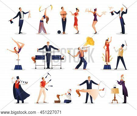 Magic Show People Set Of Juggler Acrobat Illusionist Assistant Colored Figurines Flat Isolated Vecto
