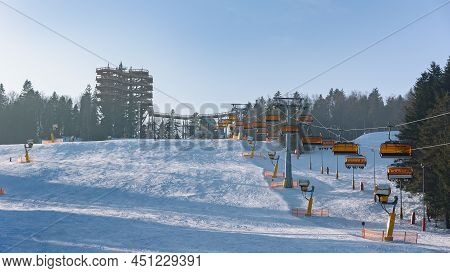 Modern Ski Lift And The Observation Tower At Slotwiny Arena Ski Station On A Sunny Day, Krynica Zdro