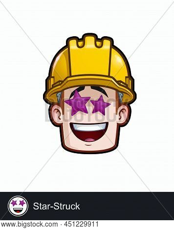 Icon Of A Construction Worker Face With Star Struck Emotional Expression. All Elements Neatly On Wel