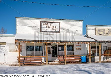 Rowley, Alberta - March 6, 2022: Store Fronts In The Ghost Town Of Rowley In Winter.