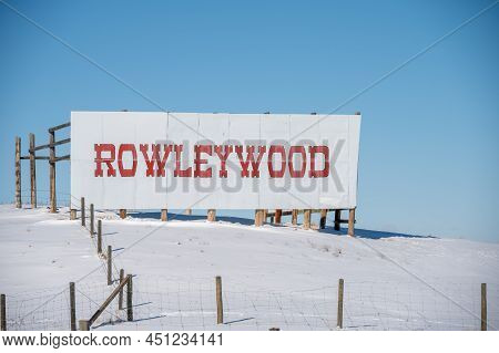 Rowley, Alberta - March 6, 2022: Rowleywood Sign Outside The Ghost Town Of Rowley In Winter.