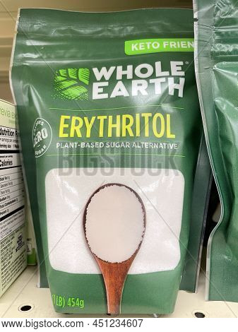 Grovetown, Ga Usa - 03 13 22: Artificial Sweeteners On Retail Store Shelf Whole Earth Erythritol