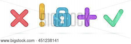 Set Of 3d Vector Render Icons. Checkmark, Cross Sign, Lock And Exclamation Mark. Bright Glossy Glass