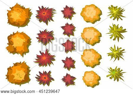 Set Of Autumn Trees And Beshes. For Landscape Top View. Scene With Yellow And Orange Plants From Hei
