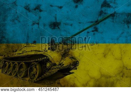 Tanks Lined Up In Front Of The Ukrainian Flag. Several Military Army War Battle Tank Vehicles On The