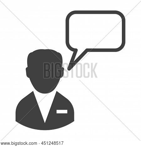 Manager Icon With Chat Cloud. A Simple Glyph Depiction Of The Upper Half Of A Man In A Suit With A N