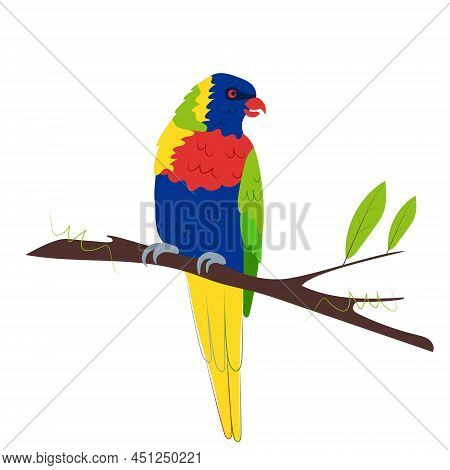 Rainbow Lorikeet Is Sitting On A Branch. An Exotic Parrot Bird. Vector Illustration In A Hand-drawn 