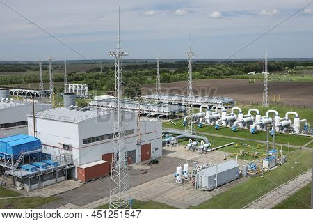 Gas Transportation System. Booster Pumping Station For Gas. Gas Filling Station And Gas Tanks. Trans
