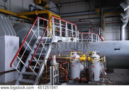Gas Transportation System. Booster Pumping Station For Gas. Gas Filling Station And Gas Tanks. Trans
