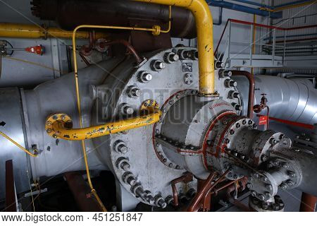 Gas Transportation System. Booster Pumping Station For Gas. Gas Filling Station And Gas Tanks. Trans