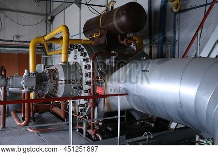 Gas Transportation System. Booster Pumping Station For Gas. Gas Filling Station And Gas Tanks. Trans