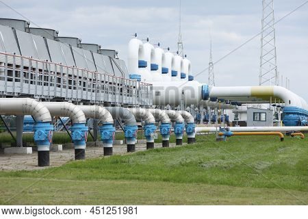 Gas Transportation System. Booster Pumping Station For Gas. Gas Filling Station And Gas Tanks. Trans