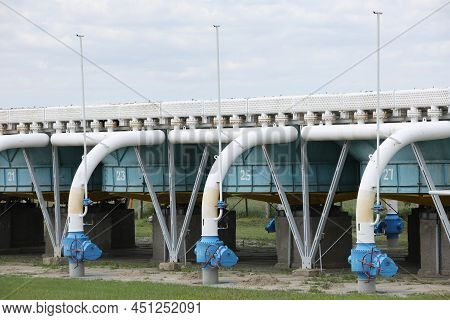 Gas Transportation System. Booster Pumping Station For Gas. Gas Filling Station And Gas Tanks. Trans