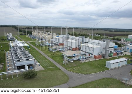 Gas Transportation System. Booster Pumping Station For Gas. Gas Filling Station And Gas Tanks. Trans