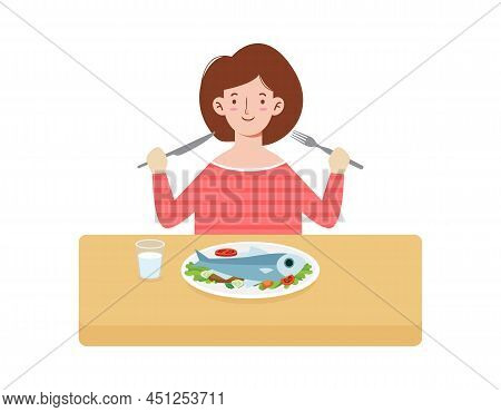 Happy Young Woman Eating Healthy Foods For Lunch. Meal Of Morning And Dinner, People Healthy Lifesty