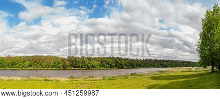 Panoramic View Of River Nemunas On Cloudy Summer Day In Birstonas . Lithuania.