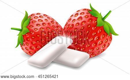 Strawberry Chewing Gum. Chewing Pads With Fresh Ripe Strawberry Berry. Product Placement Detailed La