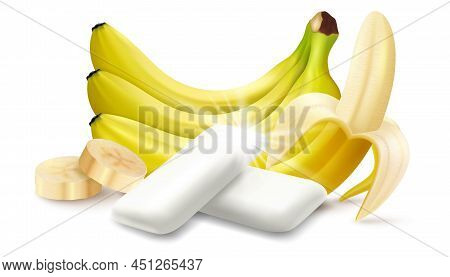 Realistic Fruit Chewing Gum Pellet With Banana Flavor. Chewing Pads With Fresh Ripe Bananas. Product