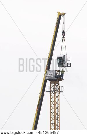 Prostejov December 4th 2017 Czech Rep. Builder Assembles A Construction Tower Crane. High Percentage