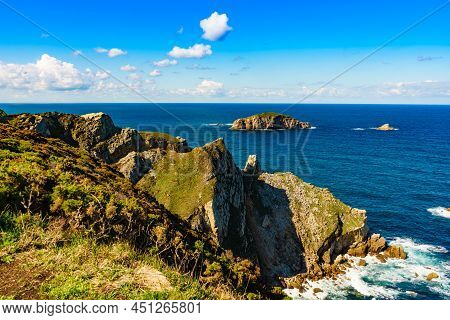 Seascape Of Atlantic Ocean And Asturias Rocky Coast At Cape Penas. Sea Shore With High Cliffs In Nor
