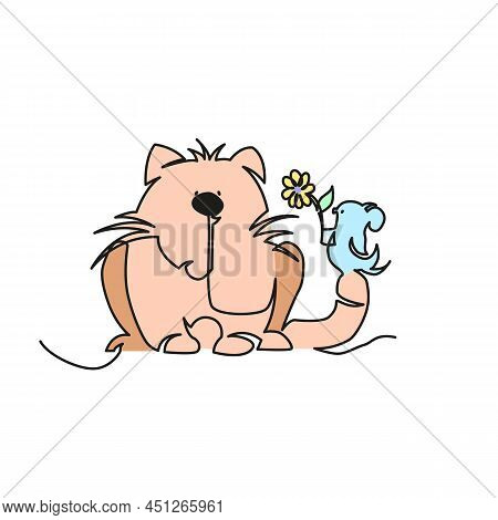 Little Mouse Gives A Flower To A Cat. Little Mouse And Cat Illustration Continuous Line Drawing.