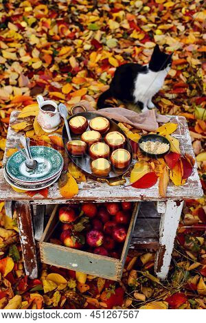 Stuffed Apple Cheesecake On The Table In The Autumn Garden . Selective Focus